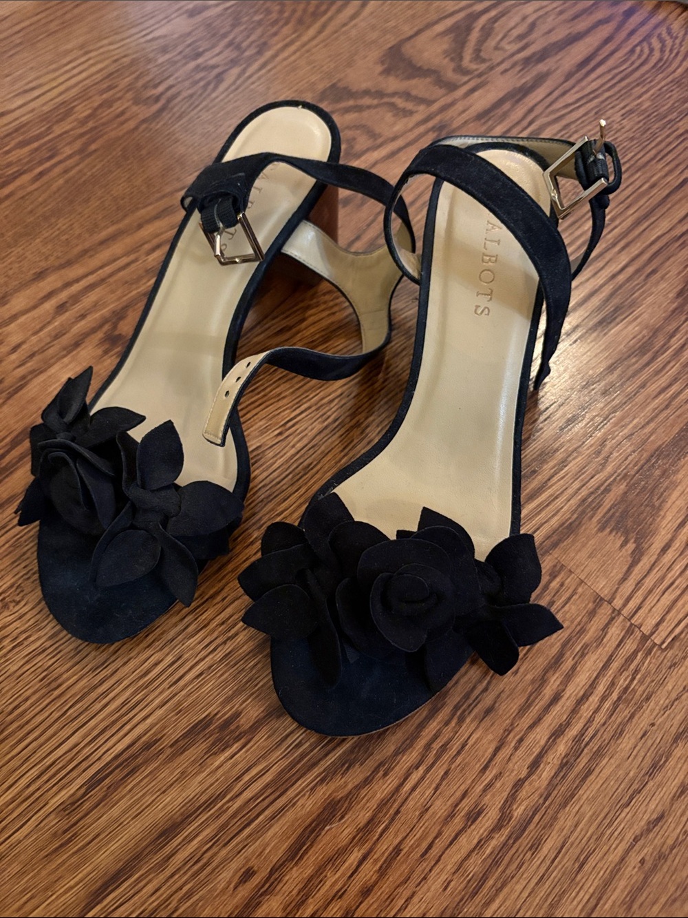 Talbots Black Suede Floral Open-Toe Ankle-Strap Heels